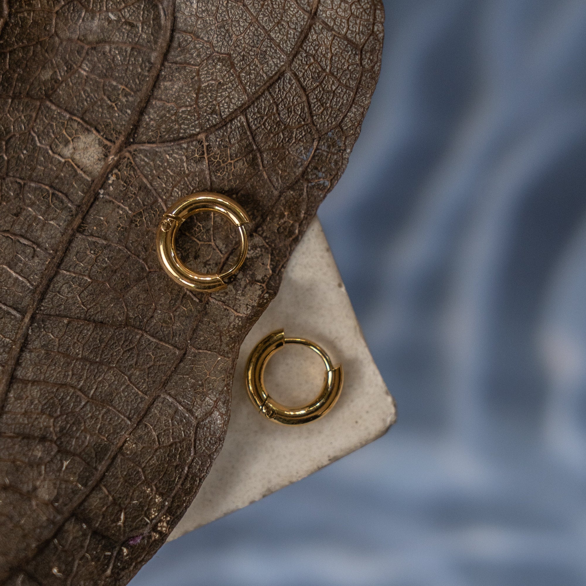 A collection of gold hoop earrings of various sizes displayed on a flat surface with a textured background.