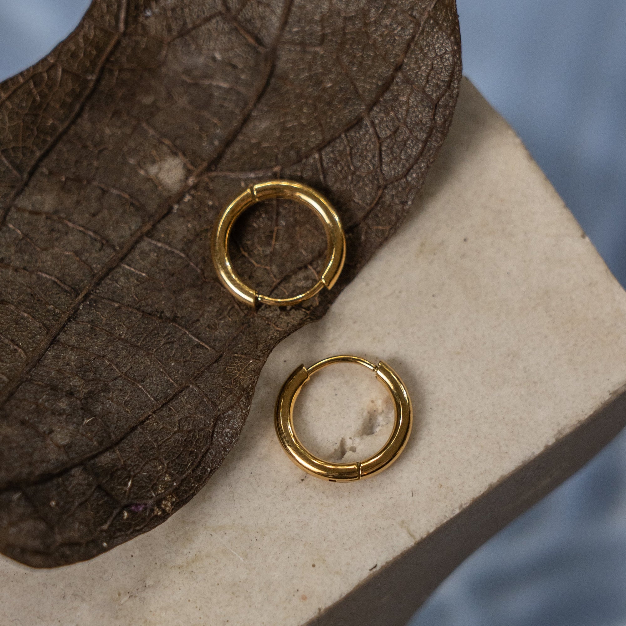 A collection of gold hoop earrings of various sizes displayed on a flat surface with a textured background.