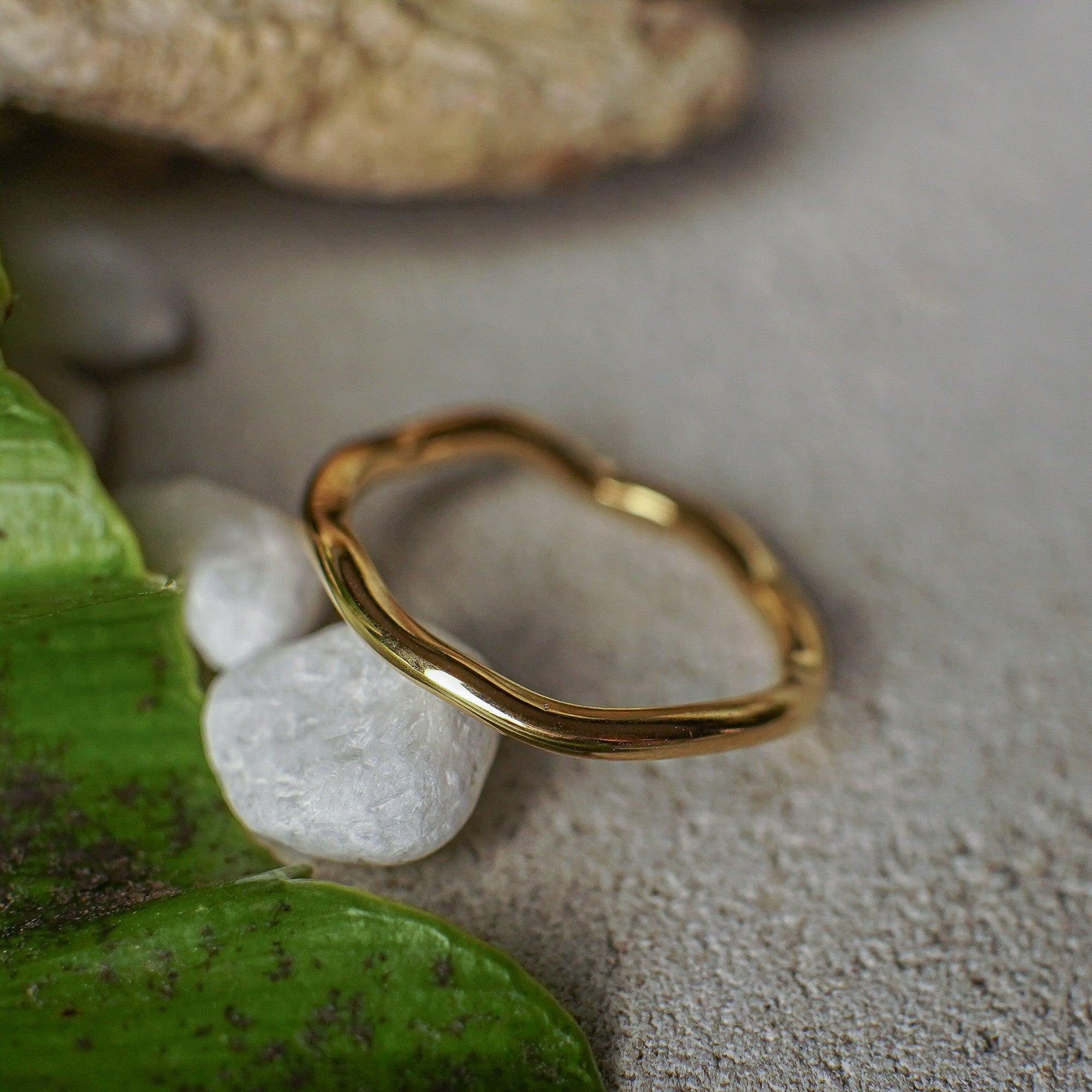 Gold ring on a textured surface with pebbles and green leaves
