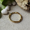 Gold ring on a textured surface with stones and greenery in the background