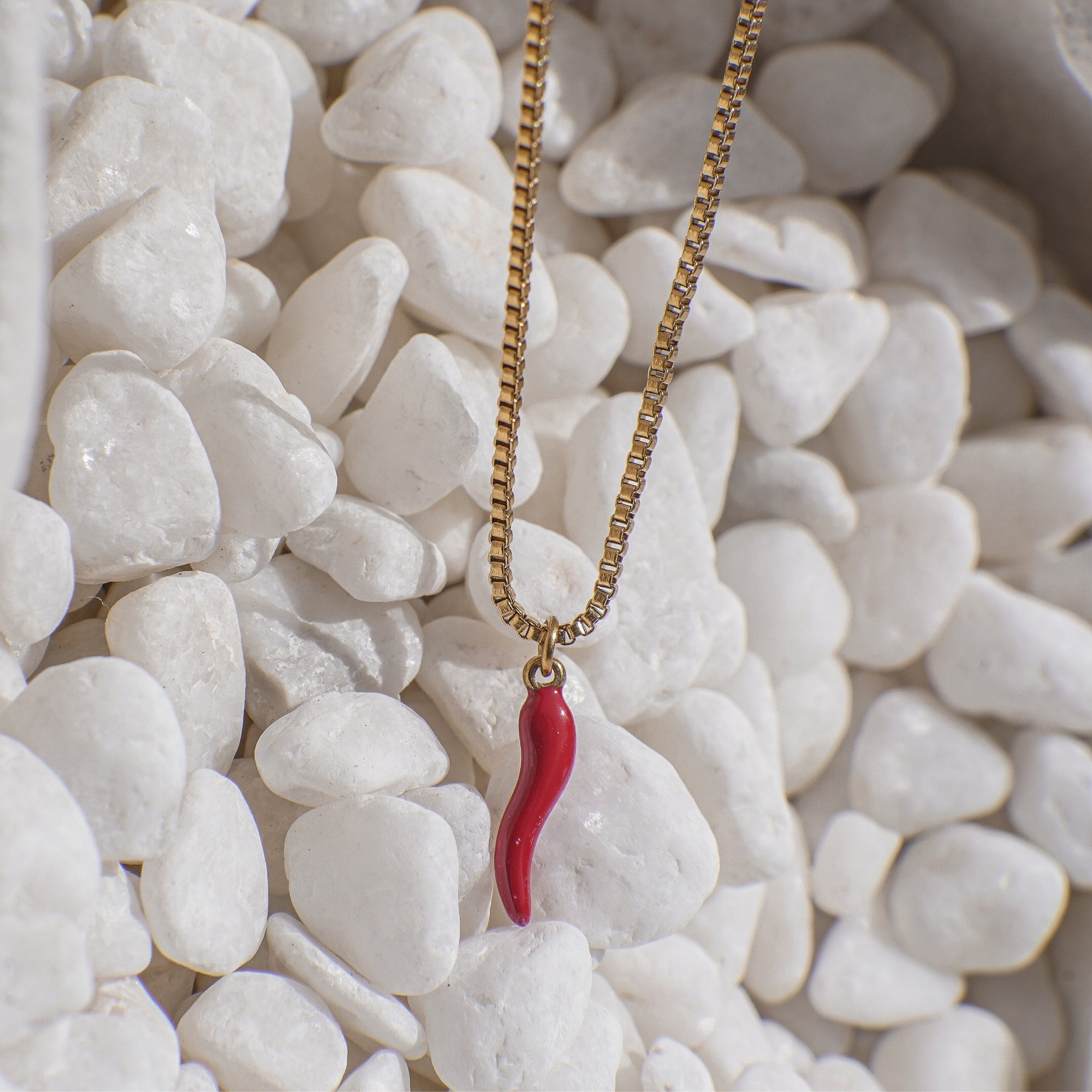 Necklace with a red chili pendant on a bed of white pebbles