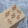 A collection of rose gold Zirconia stud earrings displayed on a light-colored surface with water droplets in the background.