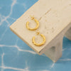 Gold hoop earrings on a beige stand with a blue textured background