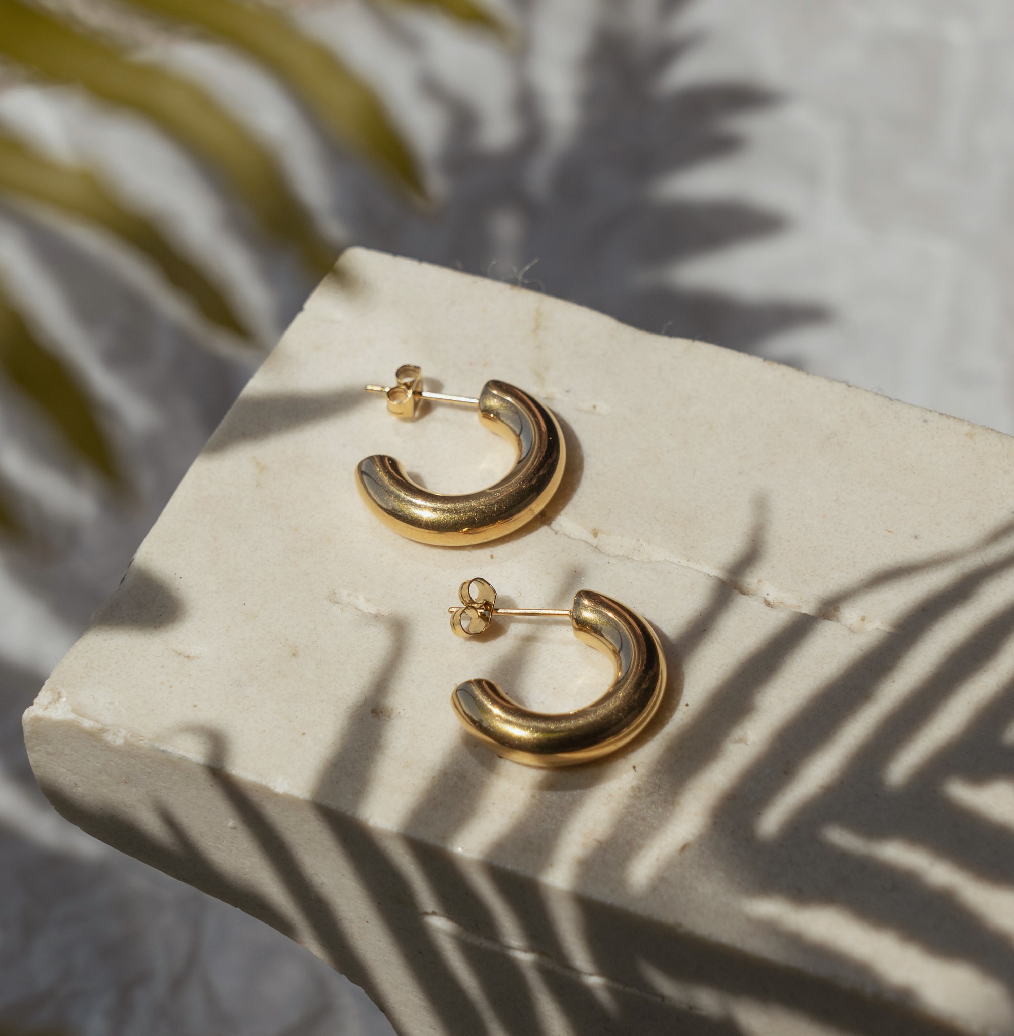 A pair of gold hoop earrings placed on a white surface with a shadow of a plant leaf falling across them.