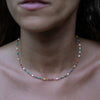 A model wearing a colorful beaded necklace