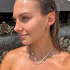 A model wearing a colorful beaded necklace