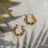 A pair of gold-colored textured hoop earrings placed on a textured surface with a plant leaf in the background.