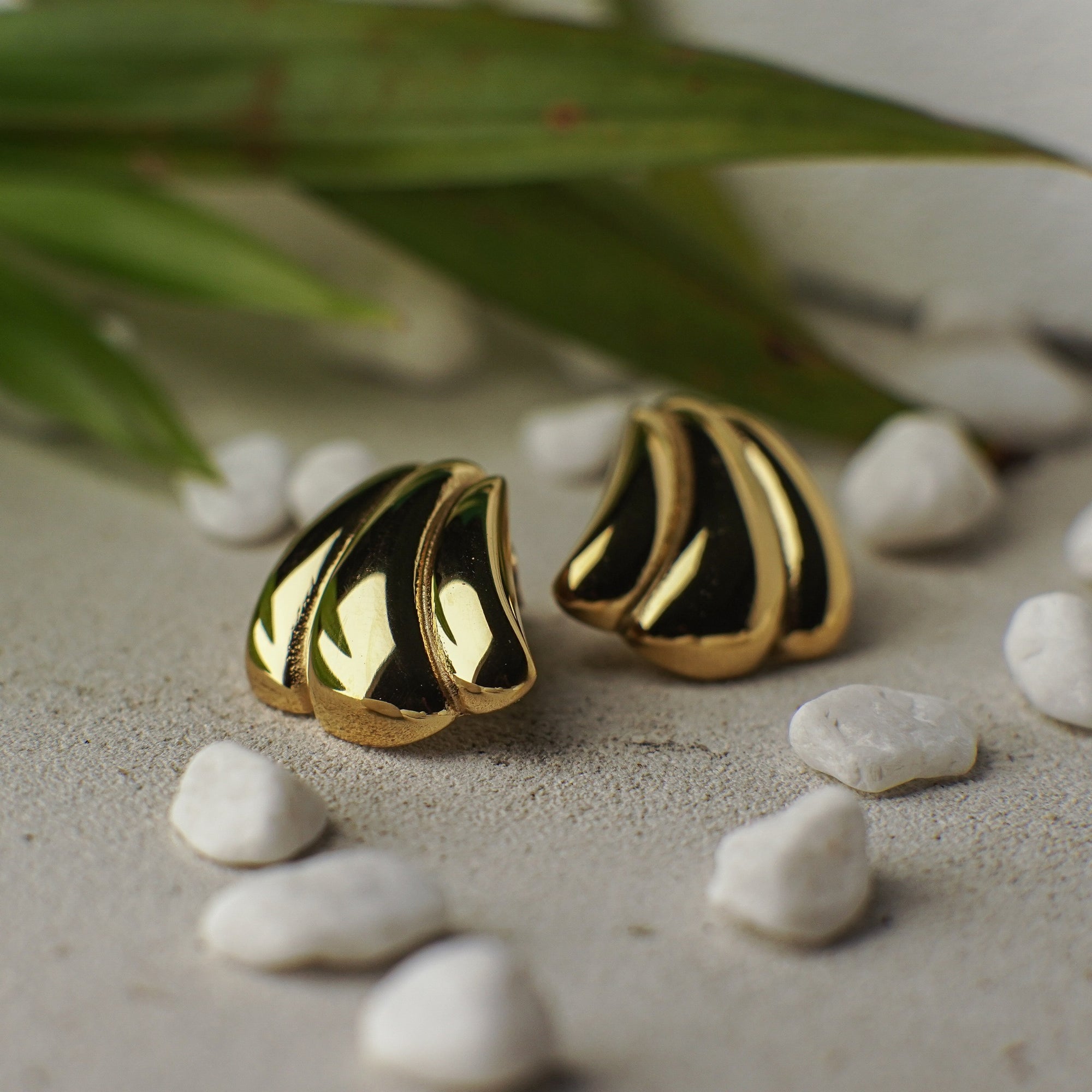 Gold and black shell-shaped earrings on a textured surface with stones and leaves.