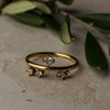 Gold ring with diamond accents on a textured surface with green leaves in the background