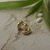 Gold hoop earrings on a textured surface with green leaves in the background
