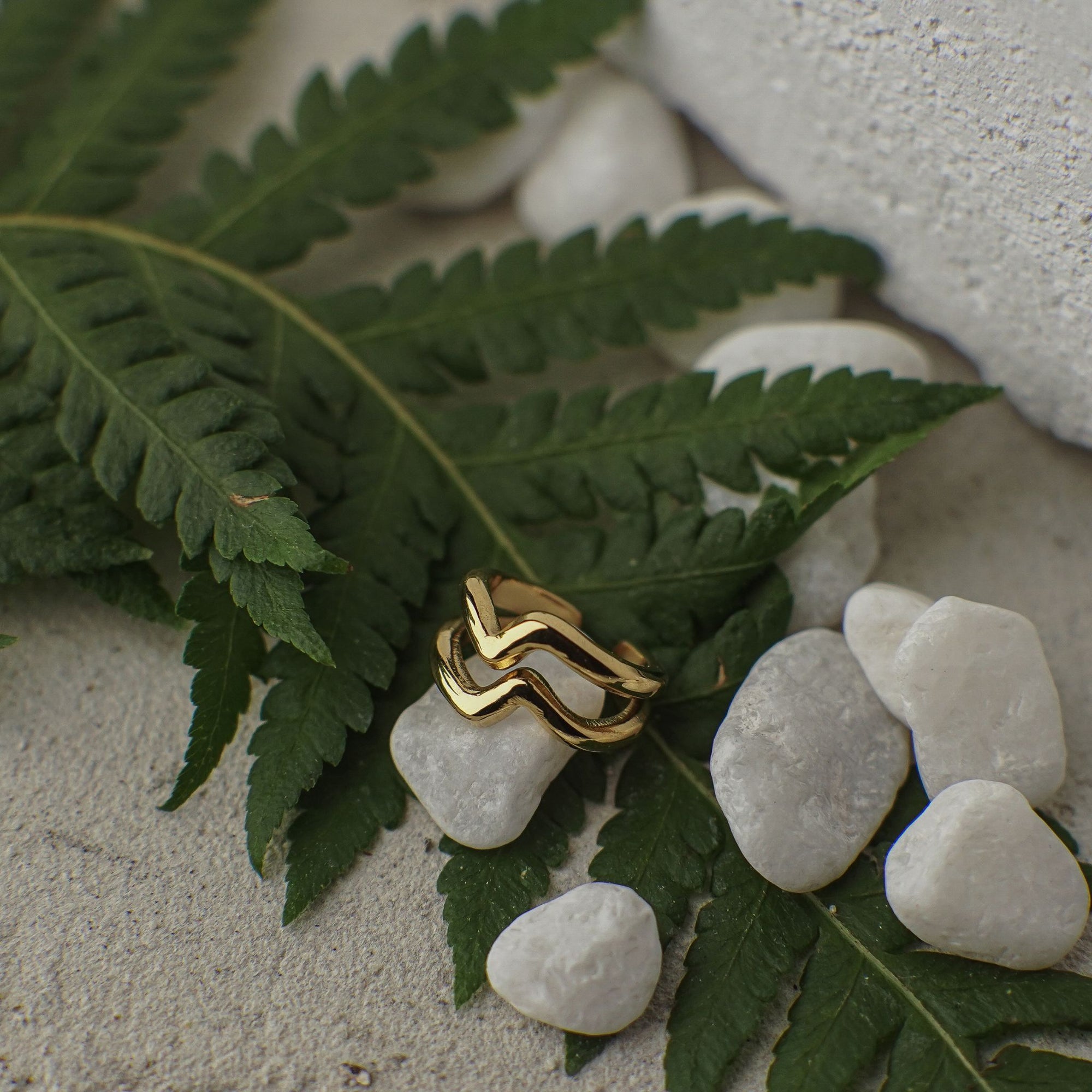 Gold ring on green leaves and white stones