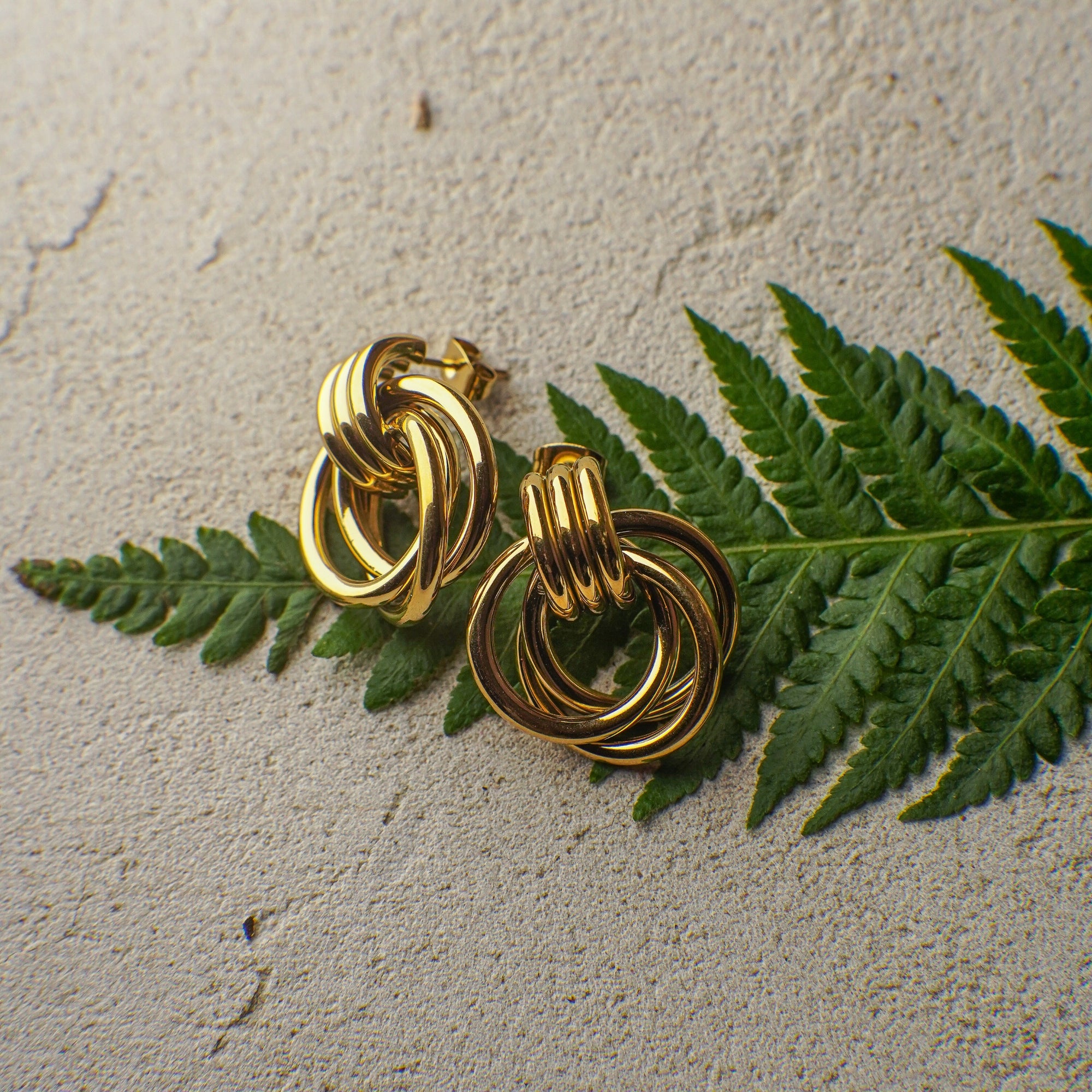 Gold earrings on a leaf with a textured beige background