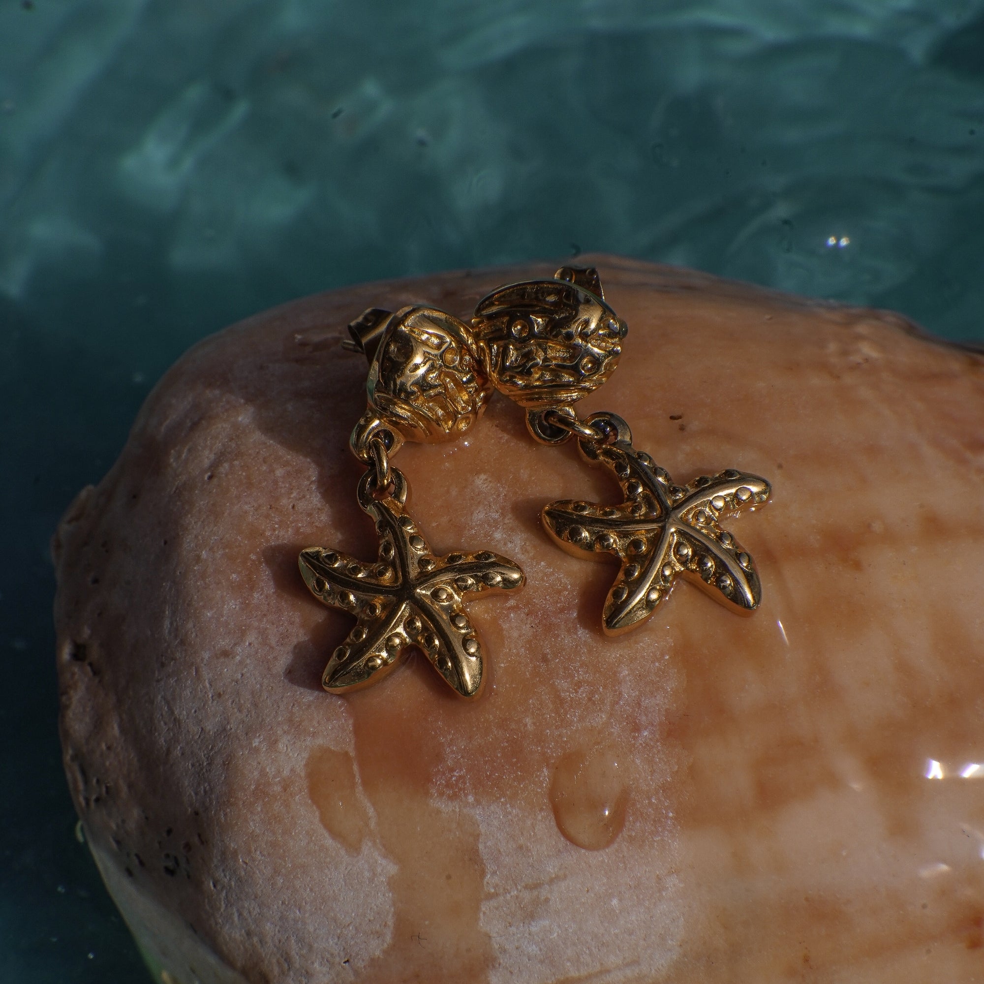Gold starfish earrings on a stone with water in the background