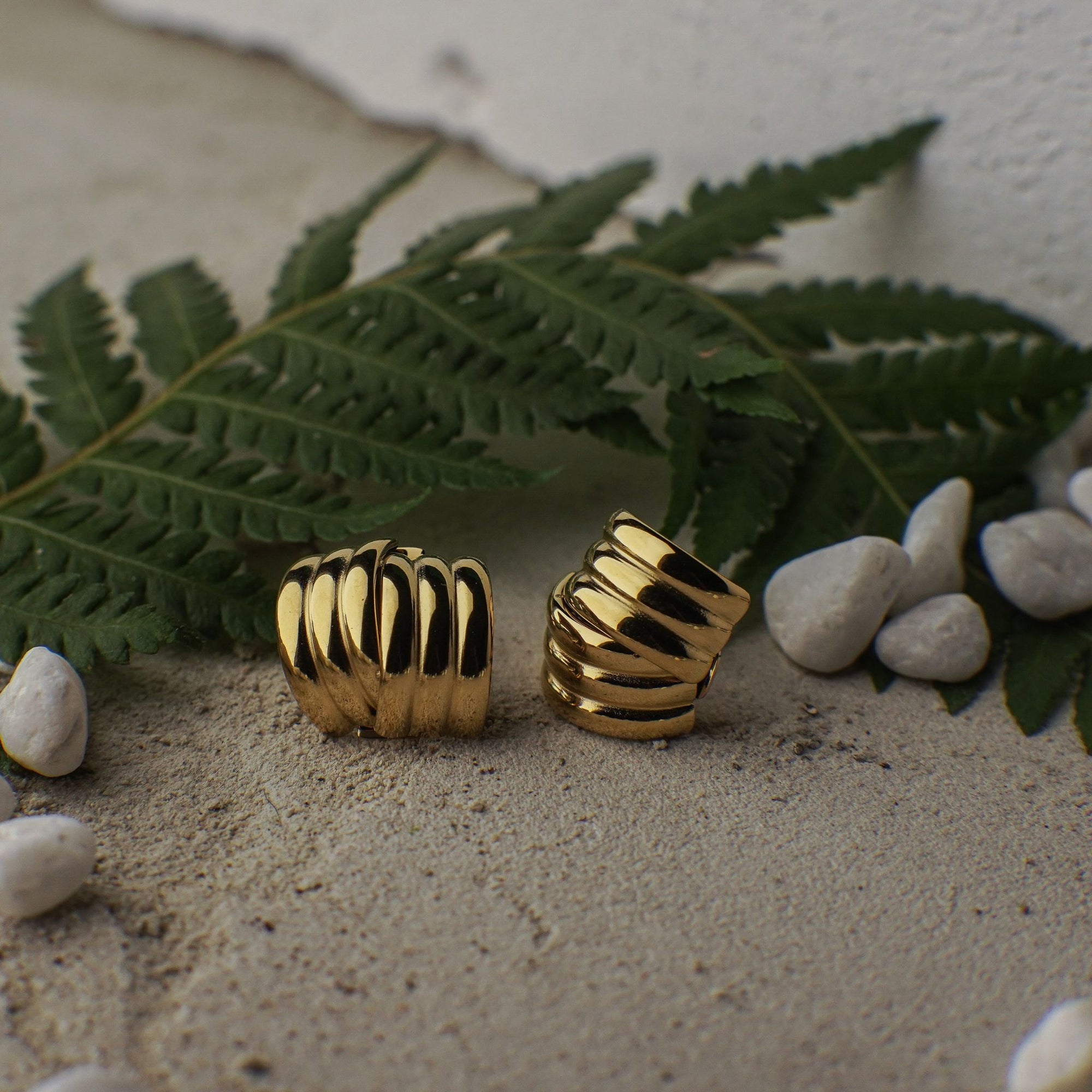 Gold rings with black accents on a textured surface with leaves and stones.