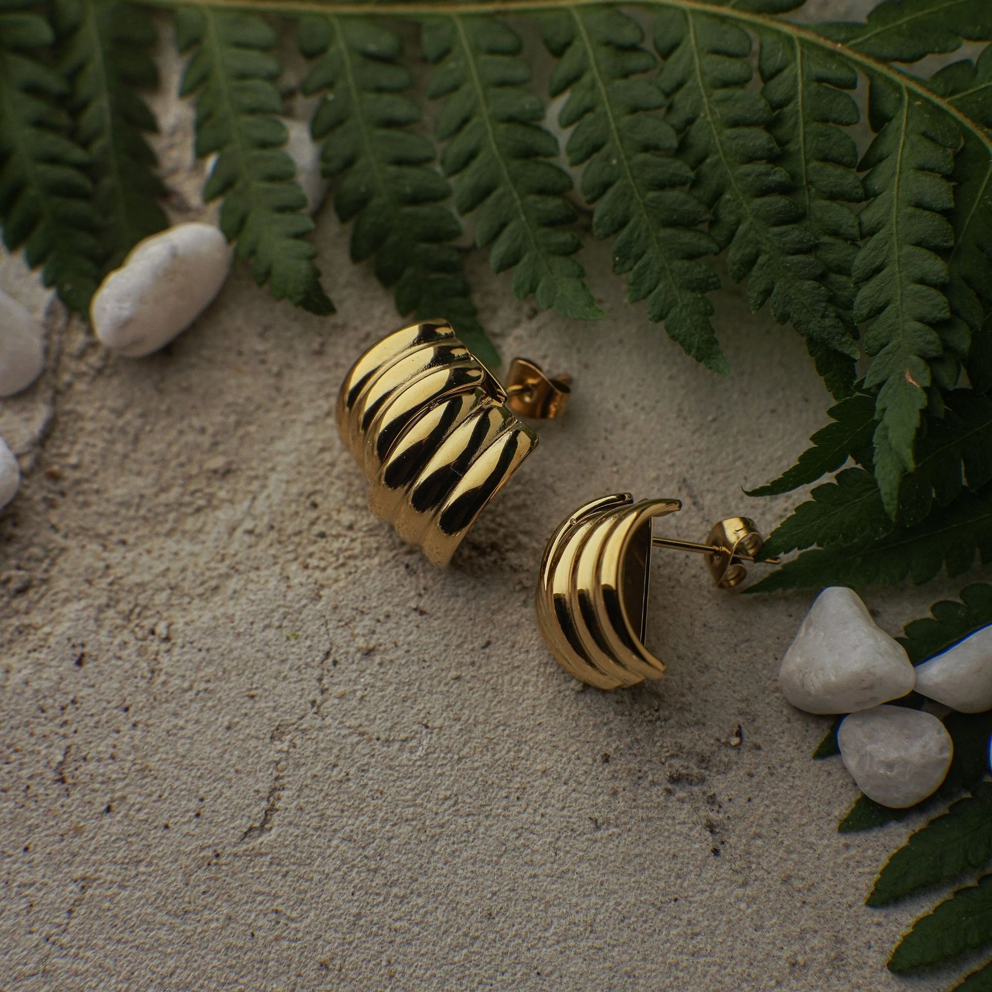 Gold earrings on a textured surface with green leaves and white stones