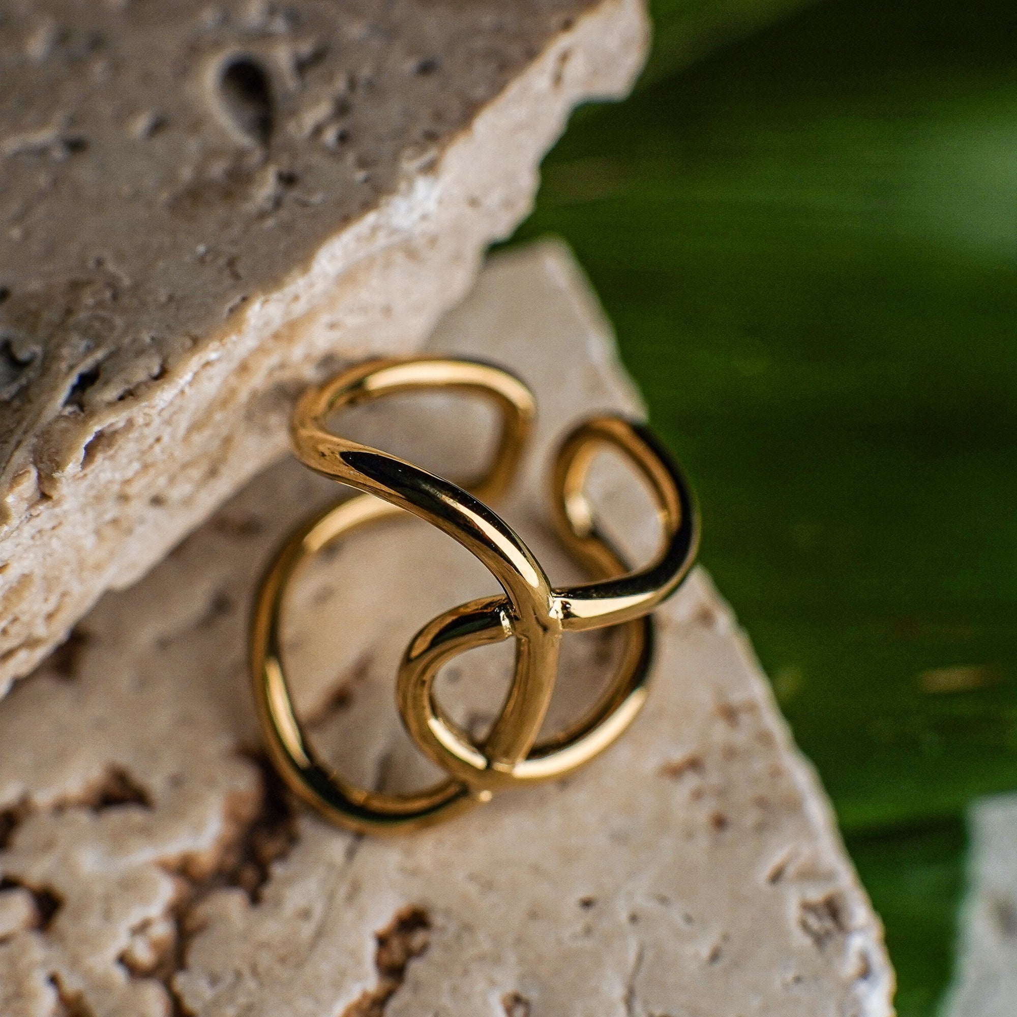 Gold ring on a textured stone surface with a blurred green background