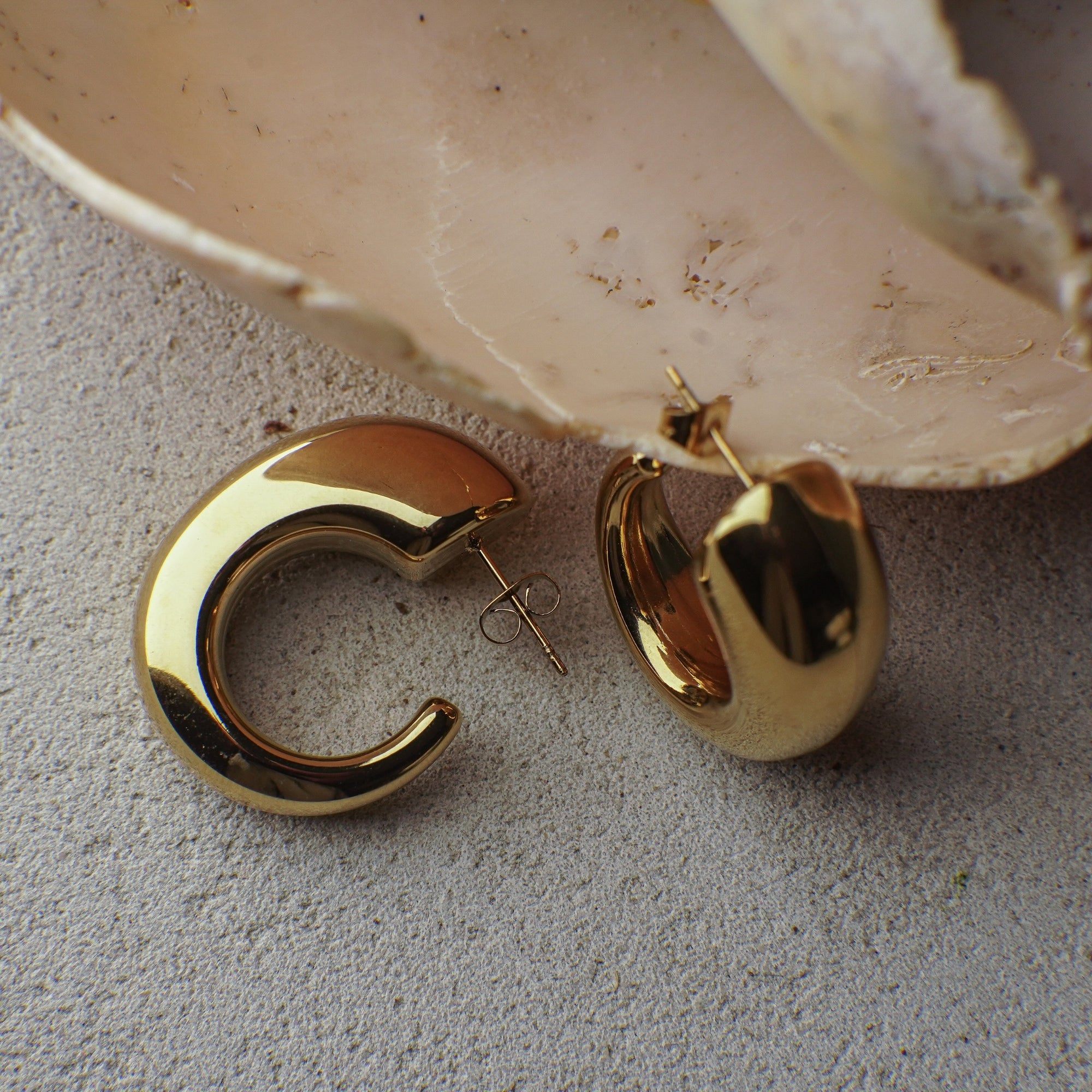 Gold hoop earrings on a textured surface with a beige shell in the background