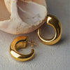 Gold hoop earrings on a textured surface with a shell in the background