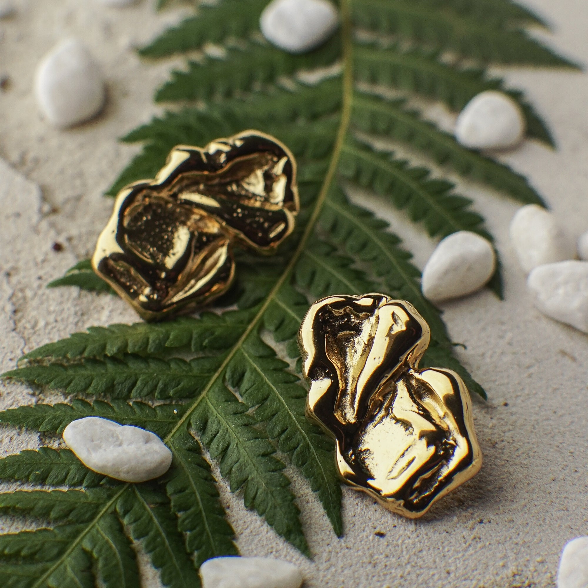 Gold earrings on a leaf with pebbles