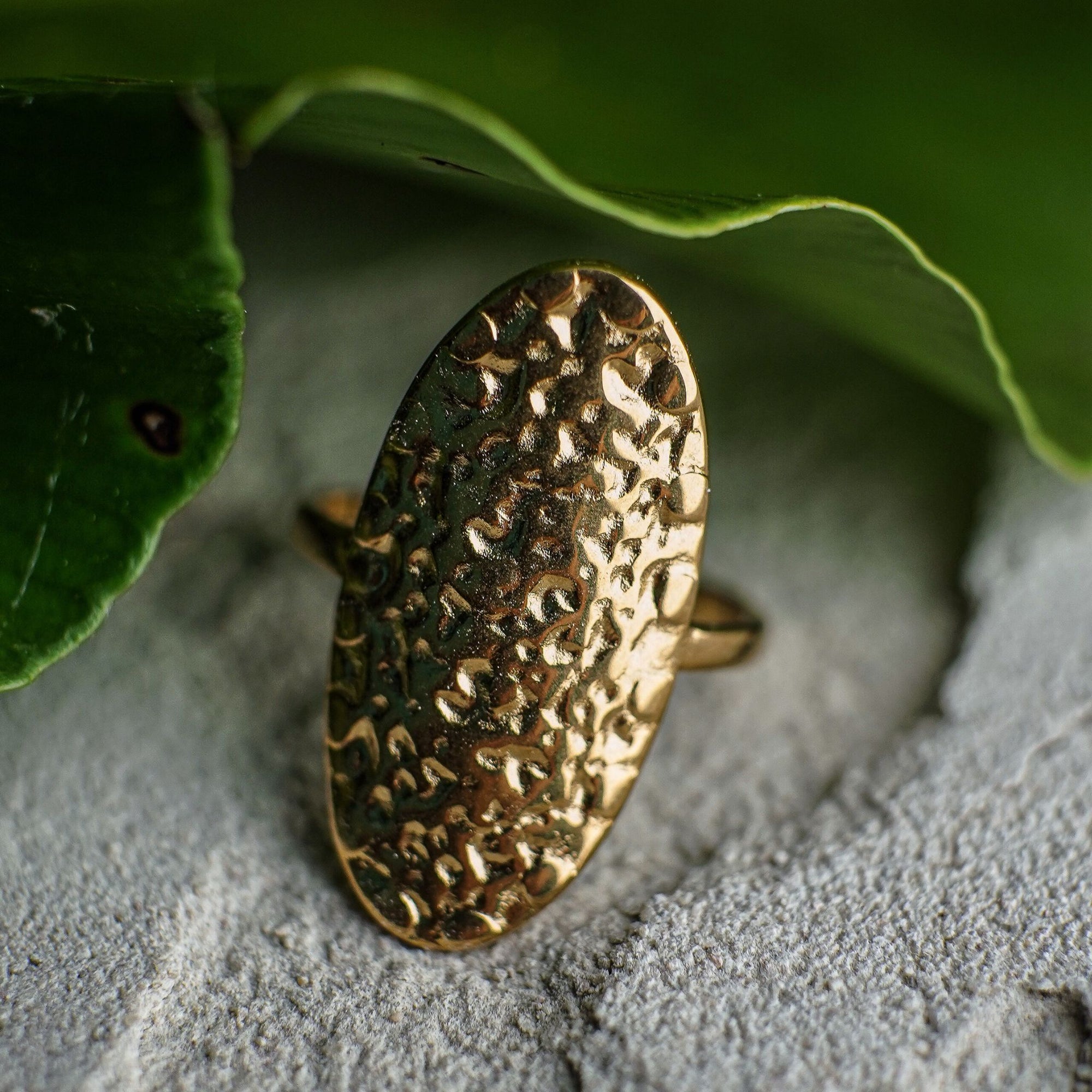 Gold ring with textured design on a gray surface with green leaves