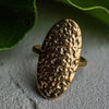 Gold ring with intricate pattern on a gray surface with green leaves in the background