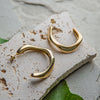 Gold hoop earrings on a textured stone surface with green leaves.