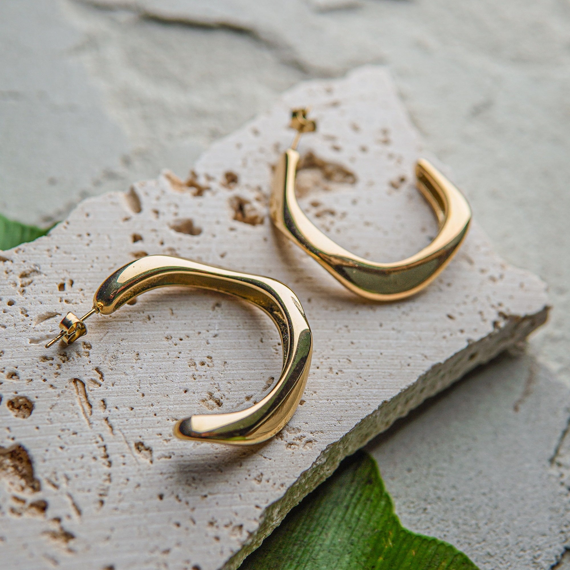 Gold hoop earrings on a textured stone surface with green leaves.