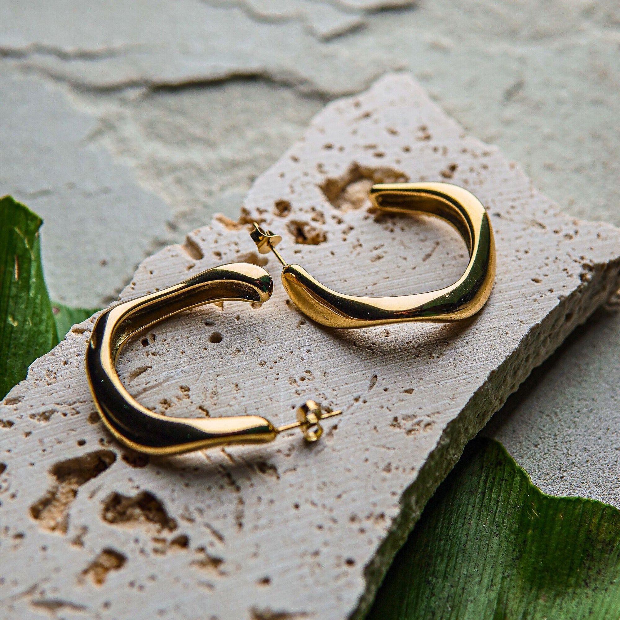 Gold hoop earrings on a textured stone surface with green leaves.