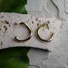 Gold hoop earrings on a textured stone surface with green leaves.